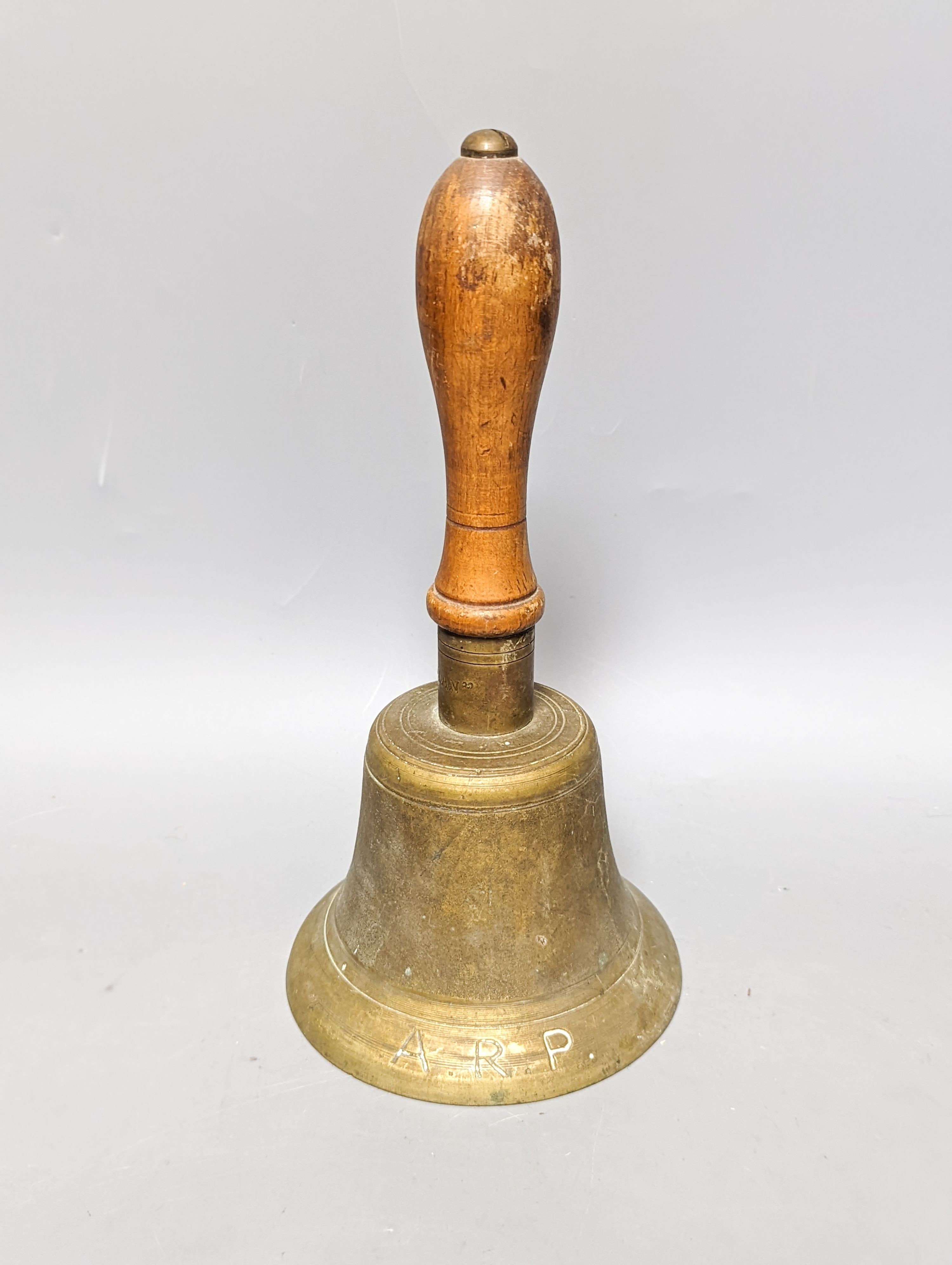 Three rare incendiary cartridge cut always, a beret with rare Royal Engineers officer's bullion wire '9-flame' cap badge, ARP bell dated '39 and various Boys Brigade cap badges